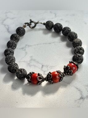 925 Silver Lava Stone Red Spiny Oyster Bead Bracelet Bali Style Artisan 7.5”